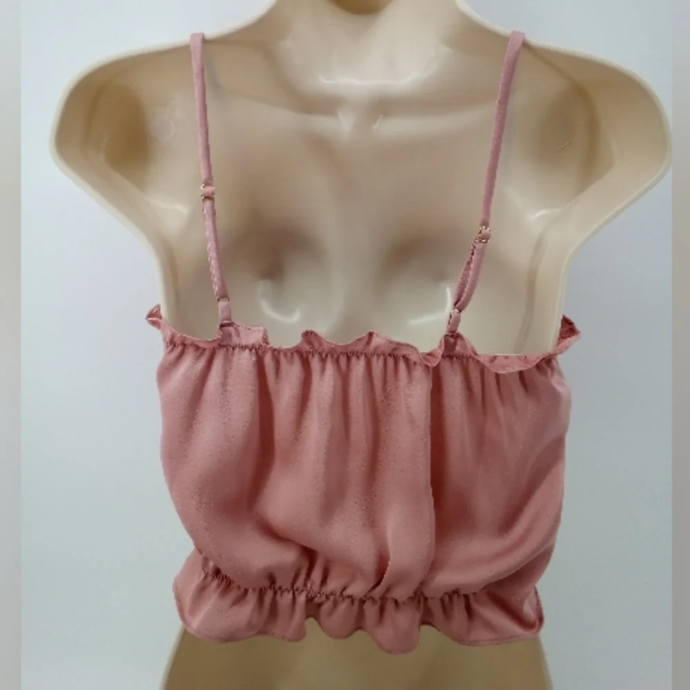 Free People Intimately Pink Salmon Dusty Elastic Ruffle Crop Tube Top Satin S - Picture 3 of 9